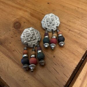 Silver and Multicolor Wood Bead Dangle Earrings